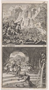 Herodes en zijn ruiters in gevecht met rovers / Gewapende vijanden slaan op de vlucht wanneer zij Herodes na zijn overwinning op het leger van Antigonus in bad zien