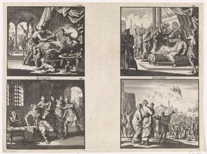 Herodes te bed wordt door een krijgsman verhinderd zichzelf te doden / Antipater wordt in opdracht van zijn vader Herodes in de gevangenis gedood / Petrus, omgeven door een juichende menigte, heeft een dode tot leven gewekt / Simon de Tovenaar tracht te vliegen