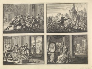 Hertog van Guise in het kasteel te Blois vermoord, 1588 / Afgeslagen bestorming van de muren van Livron, door de Hugenoten verdedigd, 1574 / Dienaren van de hertog van Aumale trachten de ratten in zijn doodskist te verjagen, 1591 / Italiaanse tovenaar laat Catharina de' Medici in een spiegel de toekomst van haar zonen zien, ca. 1560