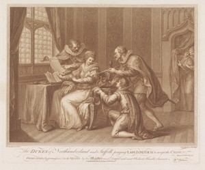 Hertogen van Northumberland en Suffolk vragen Lady Jane Grey de kroon te aanvaarden
