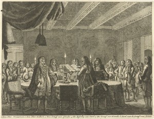 Het ondertekenen van het vredesverdrag tussen Frankrijk en de Duitse Keizer, 5 februari 1679
