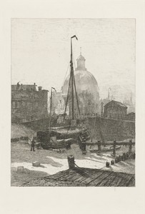 Het Singel te Amsterdam met vastgevroren turfpraam