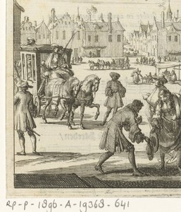 Het stadsleven dat de schrijver Willem Sluiter verlaten had: groot plein met koets en verschillende mensen