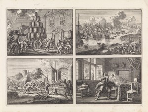 Het volk van Brussel belet de ontsteking van een vreugdevuur opgericht ter ere van de overwinning op de Engelsen in de Vierdaagse Zeeslag, 1666 / Tocht naar Chatham, 1667 / Oproer te Brussel, waar boeren na mishandeling door Spaanse soldaten de wacht aan de Schaerbeekse poort verjagen en het wachthuis in brand steken, 1670 / Willem Frederik van Nassau, stadhouder van Friesland, wordt in zijn kamer gedood door het onverwacht afgaan van een pistool, 1664