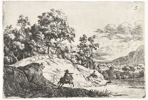 Heuvelachtig landschap met twee jagers