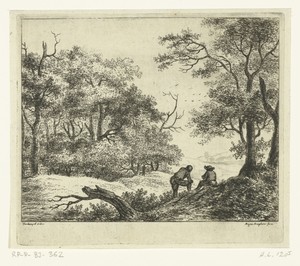 Heuvelachtig landschap met twee rustende wandelaars