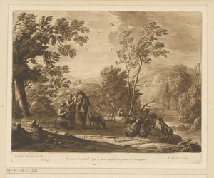 Heuvelachtig landschap met vee en drie musicerende herders