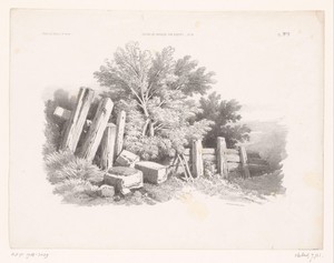 Heuvellandschap met bomen, hek en losse stenen