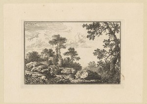 Heuvellandschap met bomen, rotsen en twee rustende figuren