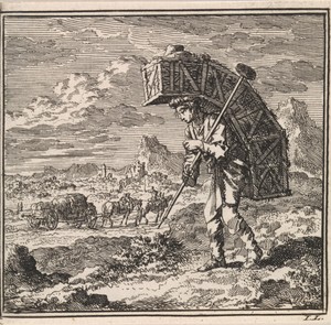 Heuvellandschap met een glasverkoper die gebukt gaat onder zijn koopwaar