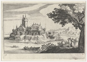 Heuvellandschap met een kasteel op een eiland
