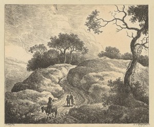 Heuvellandschap met een ruiter en twee wandelaars