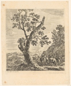 Heuvellandschap met familie te paard en herders