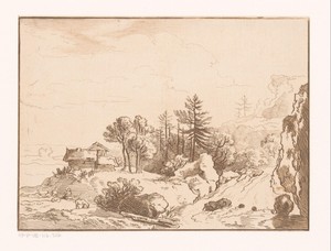 Heuvellandschap met herder bij een hut en waterval