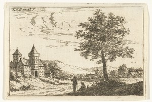 Heuvellandschap met kasteel en rustende reizigers