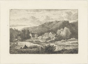 Heuvellandschap met kerkje en huizen