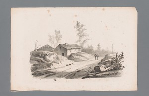 Heuvellandschap met landweg en huizen