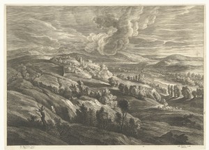 Heuvellandschap met muur en rivier