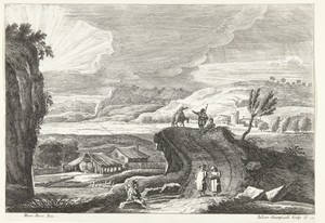 Heuvellandschap met pelgrims op weg en ondergaande zon