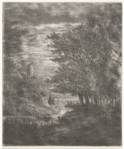 Heuvellandschap met ruïne en bootje op water bij maanlicht