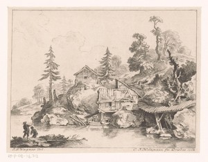 Heuvellandschap met twee hutten aan het water