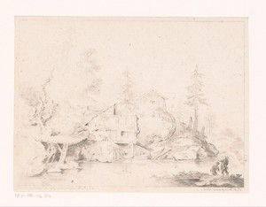 Heuvellandschap met twee hutten aan water