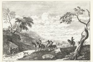 Heuvellandschap met twee mannen in rijtuig