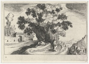 Heuvellandschap met vrijende figuren onder een boom