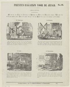 Hier ziet gij, lieve jeugd! den timmerman, den metselaar, den smid en den schoenmaker werkzaam. Wat heeft ieder wel tot zijn handwerk noodig? (...)