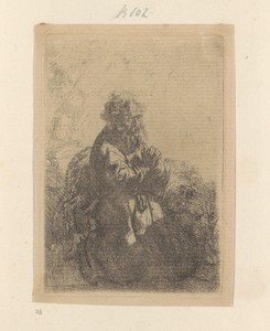 Hieronymus geknield in gebed, de blik naar beneden gericht