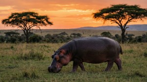Hippo Grazing Savanna Dusk