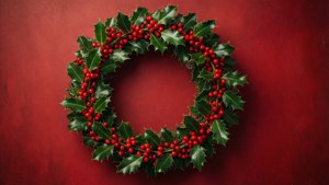 Holly Berry Wreath on Red