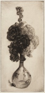 Hollyhocks in a Long-necked Vase