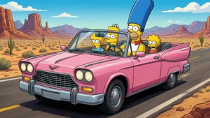 Homer Driving Pink Car