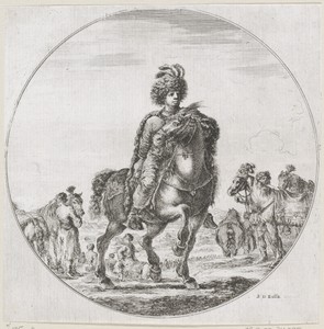 Hongaarse man met muts met pluimen te paard