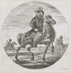 Hongaarse man met snor te paard naar rechts