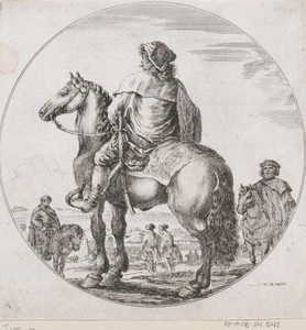 Hongaarse man te paard op de rug gezien