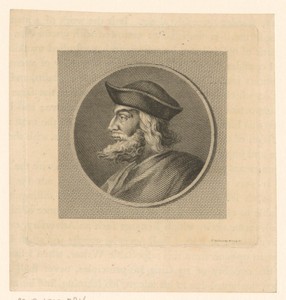 Hoofd in profiel van man met baard en hoofddeksel