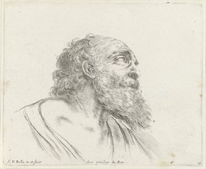 Hoofd van een kale oude man met baard, rechts naar boven kijkend (mogelijk H. Petrus)