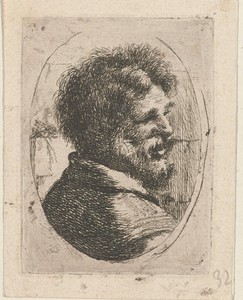 Hoofd van een man met baard, half op de rug gezien