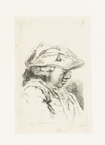 Hoofd van een man met bril en tricorne
