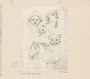 Hoofd van een man, vrouw en een paard en de kop van een vogel en een kat
