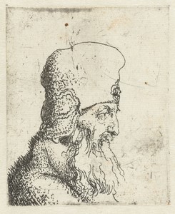 Hoofd van een oude man met baard en een hoge muts