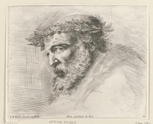 Hoofd van een oude man met baard en laurierkrans, in profiel naar links