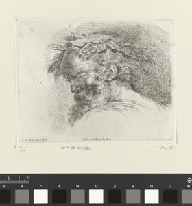 Hoofd van een oude man met laurierkrans, links naar beneden kijkend