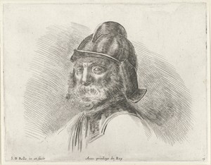 Hoofd van een oude soldaat met baard en halm