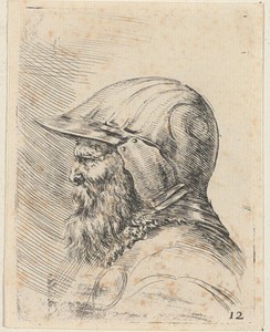 Hoofd van een oude soldaat met baard en helm, in profiel naar links