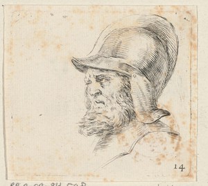 Hoofd van een soldaat met baard en helm, naar links gewend