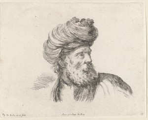 Hoofd van een Turkse man met baard en tulband, naar rechts gewend