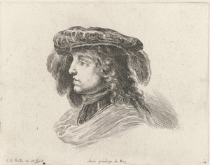 Hoofd van jongeman met baret met pluimen, in profiel naar links